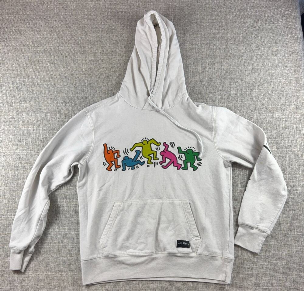 Keith Haring Hoodie Mens S White Dancing Figures Pop Art Pullover Sweatshirt